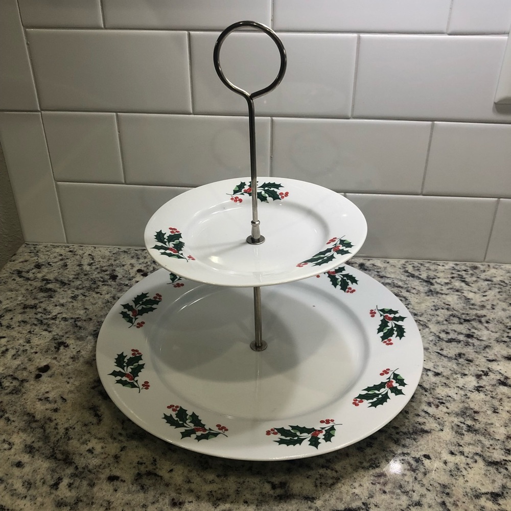 Vintage holly berries porcelain 2 tiered holiday tidbit server